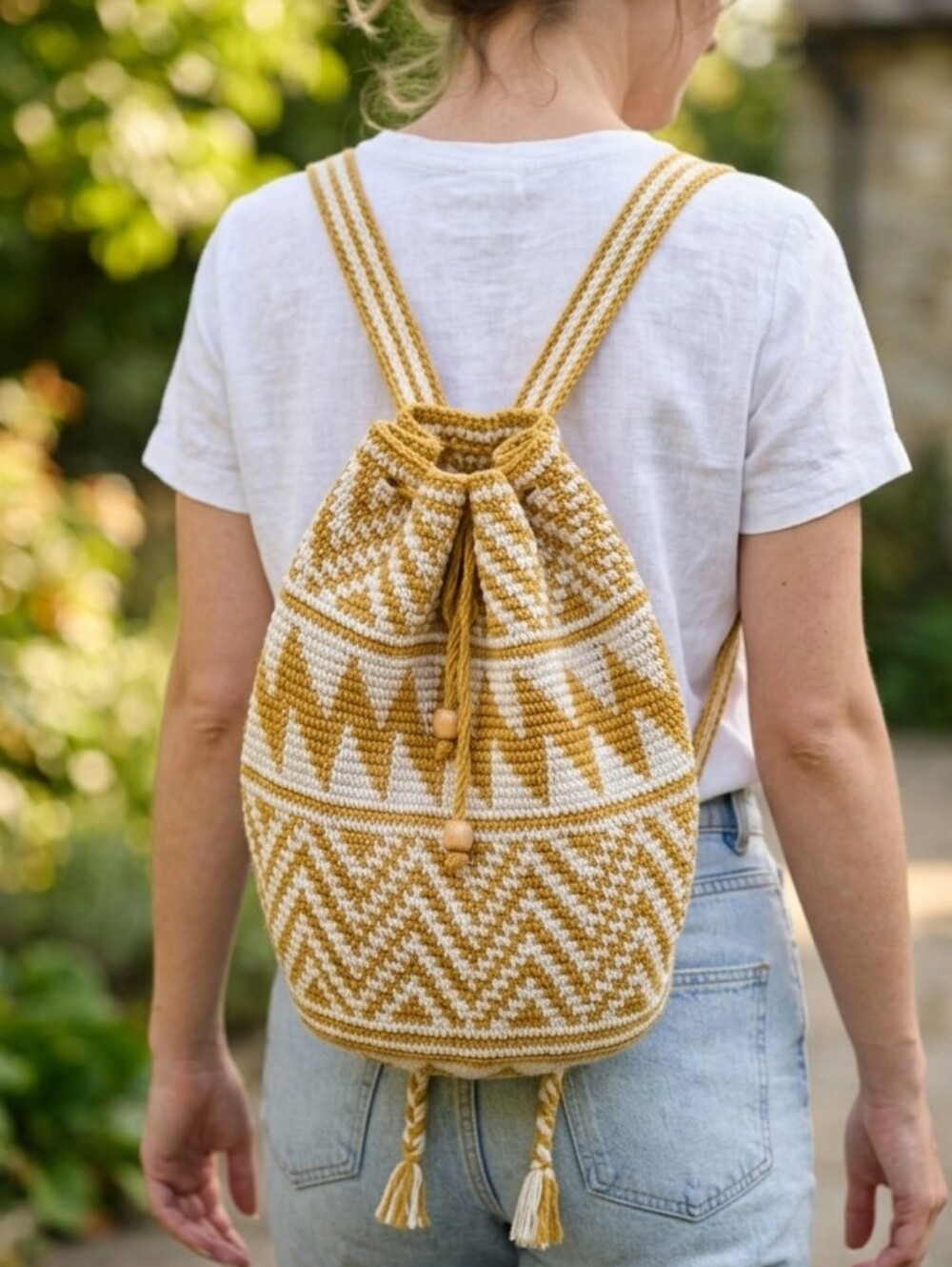 Unique Batik Guatemala Crocheted Drawstring Backpack Mustard Yellow Boho Bucket